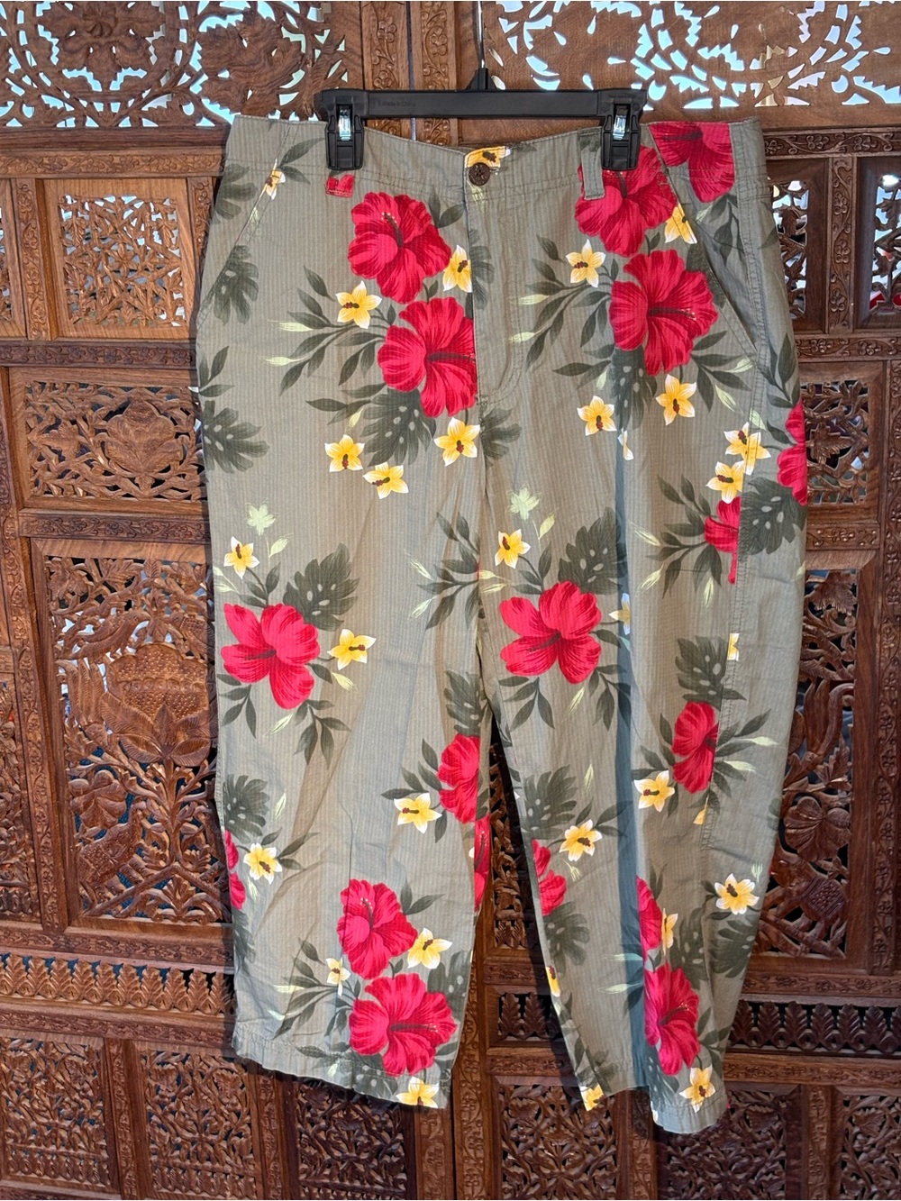 Olive Floral Cropped Pants with Red Hibiscus Print